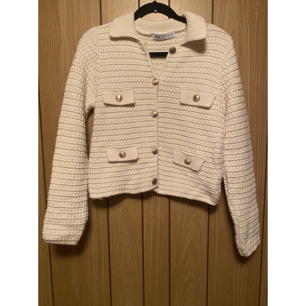 Zara Knit Cardigan Sweater Women's Small Cream Gold Button Collared Crop Preppy